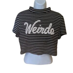 ---  Black White Striped Cropped T-Shirt Tee Size Small